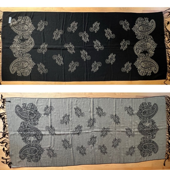 Black & Tan Paisley Pashmina Scarf /Wrap/Shawl | 70% Cashmere 30% Silk | 28”x66” - Picture 15 of 17